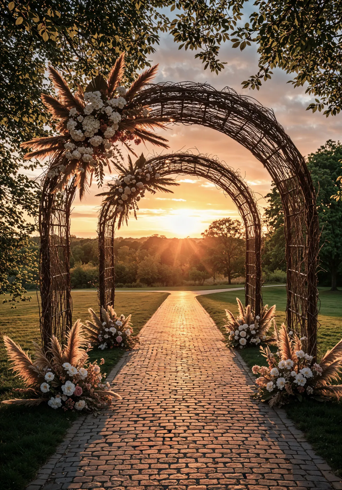 An outdoor floral wedding arch glowing at sunset